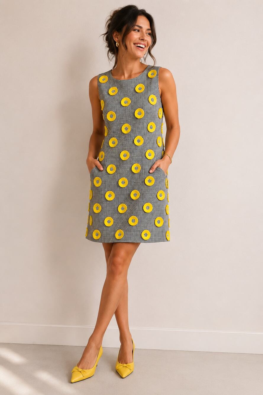 Carlisle Y2K Black White Check Yellow Floral Embroidered Shift Dress US 6 Career